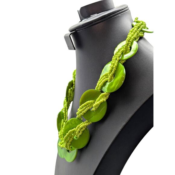 Lime Green Round Shell Disk Seed Bead Statement 23"-26" Necklace - Picture 2 of 4